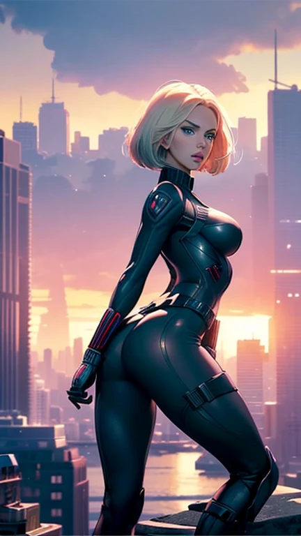 (masterpiece),(Full Body View),(Scarlett Johansson),(Platinum Blonde Hair),(Detailed Ass),(Detailed Green Eyes),(Detailed Nose),(Detailed Lips), toned back, wide hips,(Detailed Thighs), Scarlett Johansson as Black Widow stands poised on a rooftop, overlooking a sprawling cityscape. Captured from behind, her silhouette is defined by the sleek lines of her black tactical suit, complete with holsters and gadgets. Her short hair(classic bob haircut) hair cascades down her back, catching the light from the setting sun. The city below is alive with lights and movement, providing a stark contrast to her still, vigilant figure. She stands with her legs slightly apart and hands on her hips(focus on her round butt), exuding a sense of readiness and contemplation, prepared for whatever challenges await.