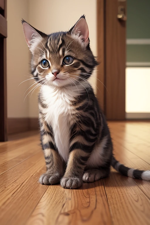 brown-speckled kitten Kuu says hello with a smile.