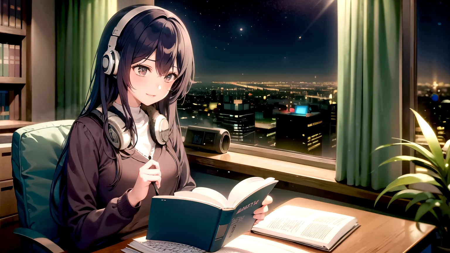 ((highest quality)), Girl with headphones,Reading in the study,Outside the window is night