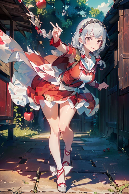 (ukiyoe painting:1.3),(3D Animation:1.3),(Fantasy style costumes),(Grimm fairy tale world),(Little Red Riding Hood,Little Red Riding Hood,red riding hood:1.3),(farmhouse entrance:1.3),(red little red riding hood:1.3),(((Red Tunic:1.3))),(((apples and bread in the basket),Cute and beautiful girl,Cute round face,Cute smile,with blush cheeks,Red Lip,(silver white hair,Floral braided headband,half up、Floral Braided Space Van,Voluminous Fishtail Braids,Twisted chignon,),(Bangs are see-through bangs),hair pin,hair adornments,detailed clothes features,Detailed hair features,detailed facial features,(Dynamic angles),(Dynamic and sexy poses),clothes that emphasize big breasts,Cinematic Light,(masutepiece,top-quality,Ultra-high resolution output image,depth of fields,intricate detailes,Make the subject look three-dimensional with the contrast of light and shadow,) ,(The 8k quality,Anatomically accurate facial structure,),(Sea Art 2 Mode:1.3),(Image Mode Ultra HD,)