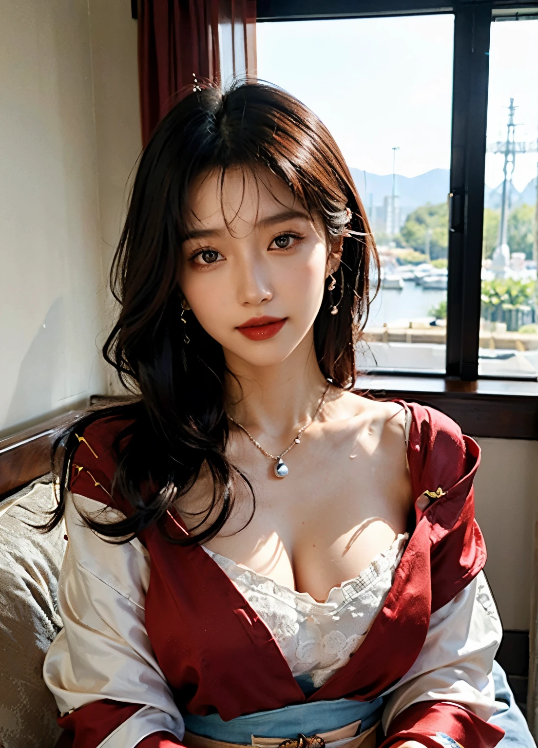 (woman, 22 years old, Korean), (Medium breasts:1.3), hotel room、 ((Grab the audience's hand)), (masterpiece: 1.3), (Maximum resolution: 1.4), (Ultra HD: 1.2), movie lighting, Ultra HD, (Delicate eyes和皮肤), (Detailed facial features), north african trade zone, 8K resolution, Perfect style, Beautiful expression、Highly detailed face and skin texture、Delicate eyes、Double eyelids、Glitter Eyeliner:1.2、(Eyeshadow:1.3)、Thin cheeks and white skin:1.3)、Shoulder Length Sparkling Earrings ,Red Rouge:1.2、Shiny lips:1.2、((full-body shot:1.2))、((From a very close distance:1.2))、((Red silk kimono))、High heel、(Layered Hairstyle、Crimson hair)、Medium-length hair、(Very friendly smile:1.2), Medium Full Denim Lens, Front view, Thick thighs, Long necklace with blue pearls, blue eyes, Chain on belly, seaside, Sunlight shining on the body, Sweat and wet body:1.5