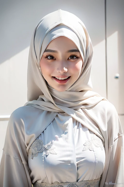 a gorgeous 42 years old busty indonesian woman, hot mom, in hijab, smiling with opened mouth and visible teeth, white silk abaya, detailed facial features, realistic skin texture, intricate hijab folds, high-quality lighting, soft focus, warm color tones, photorealistic, 8k, best quality, masterpiece