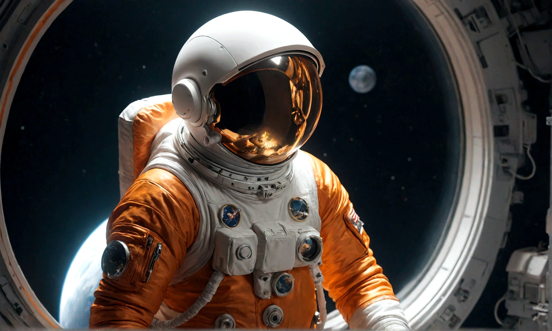 The astronaut is a 30-year-old man.., white and orange metallic clothing, cinematic, picture 촬영, half backlight, back light, dramatic lighting , incandescent light, soft lighting, Incredibly detailed and complex, hyper maximalist, Art, elegant pose, dynamic, picture, volume , very detailed, intricate details, Gwise의 very detailed 걸작, future environment