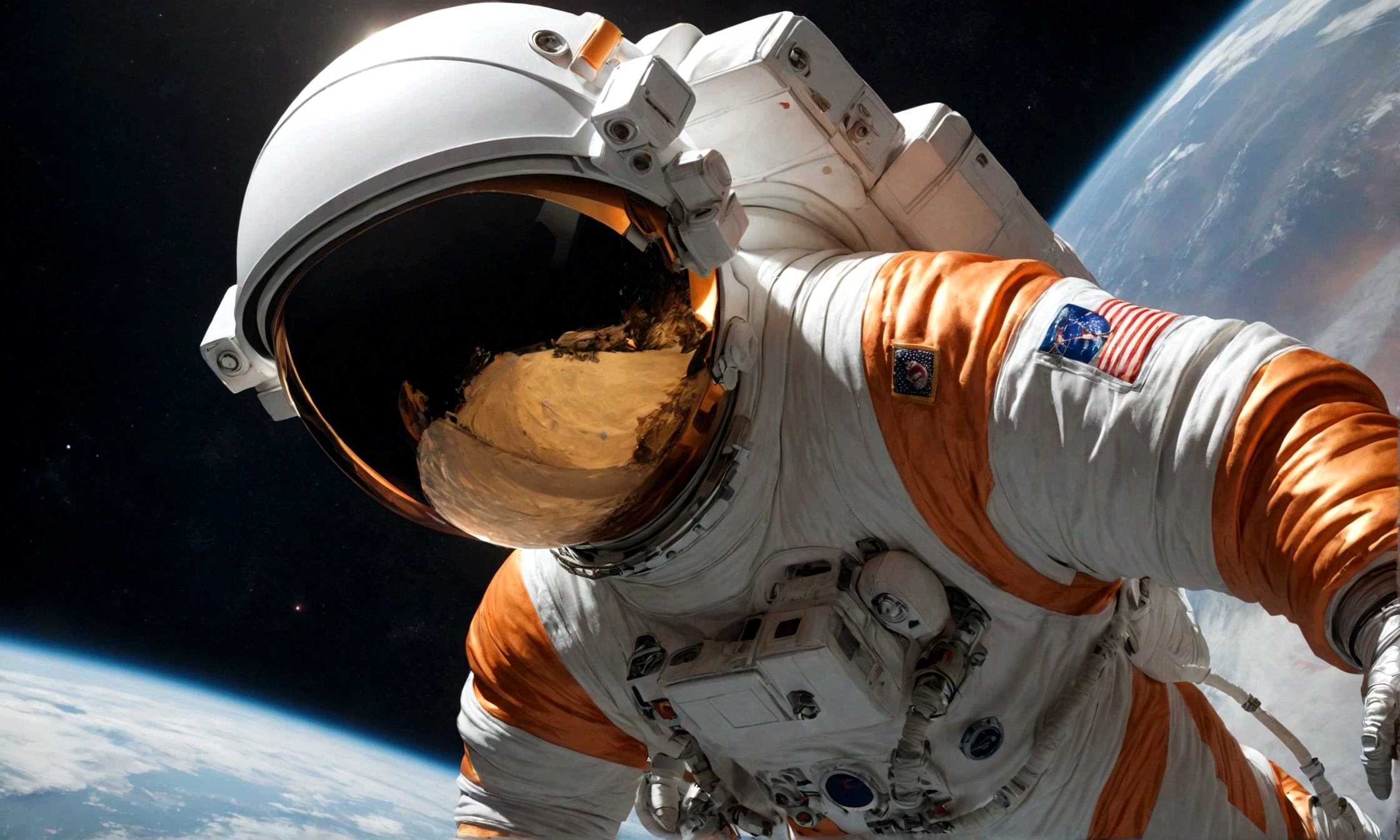The astronaut is a 30-year-old man.., white and orange metallic clothing, cinematic, picture 촬영, half backlight, back light, dramatic lighting , incandescent light, soft lighting, Incredibly detailed and complex, hyper maximalist, Art, elegant pose, dynamic, picture, volume , very detailed, intricate details, Gwise의 very detailed 걸작, future environment
