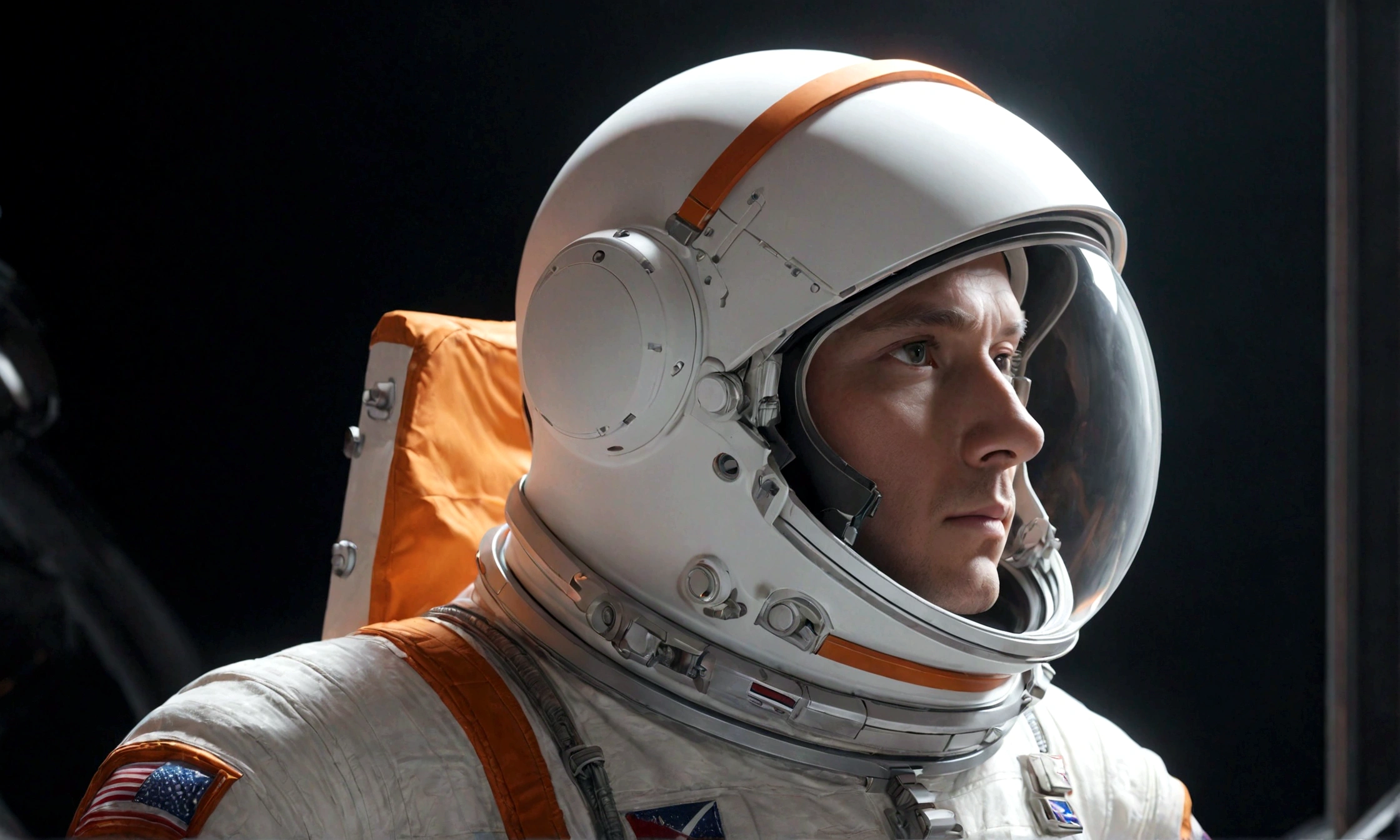 The astronaut is a 30-year-old man.., white and orange metallic clothing, cinematic, picture 촬영, half backlight, back light, dramatic lighting , incandescent light, soft lighting, Incredibly detailed and complex, hyper maximalist, Art, elegant pose, dynamic, picture, volume , very detailed, intricate details, Gwise의 very detailed 걸작, future environment