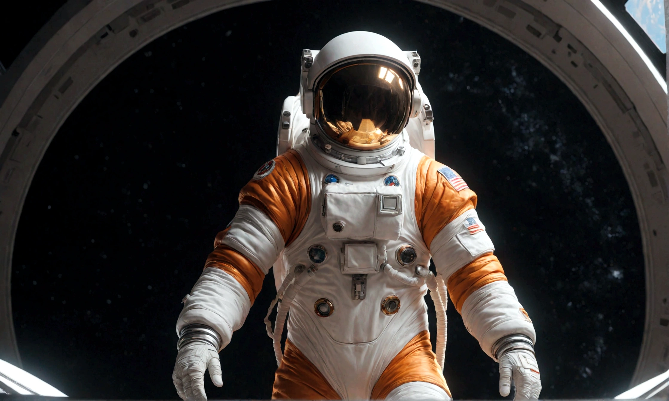 The astronaut is a 30-year-old man.., white and orange metallic clothing, cinematic, picture 촬영, half backlight, back light, dramatic lighting , incandescent light, soft lighting, Incredibly detailed and complex, hyper maximalist, Art, elegant pose, dynamic, picture, volume , very detailed, intricate details, Gwise의 very detailed 걸작, future environment