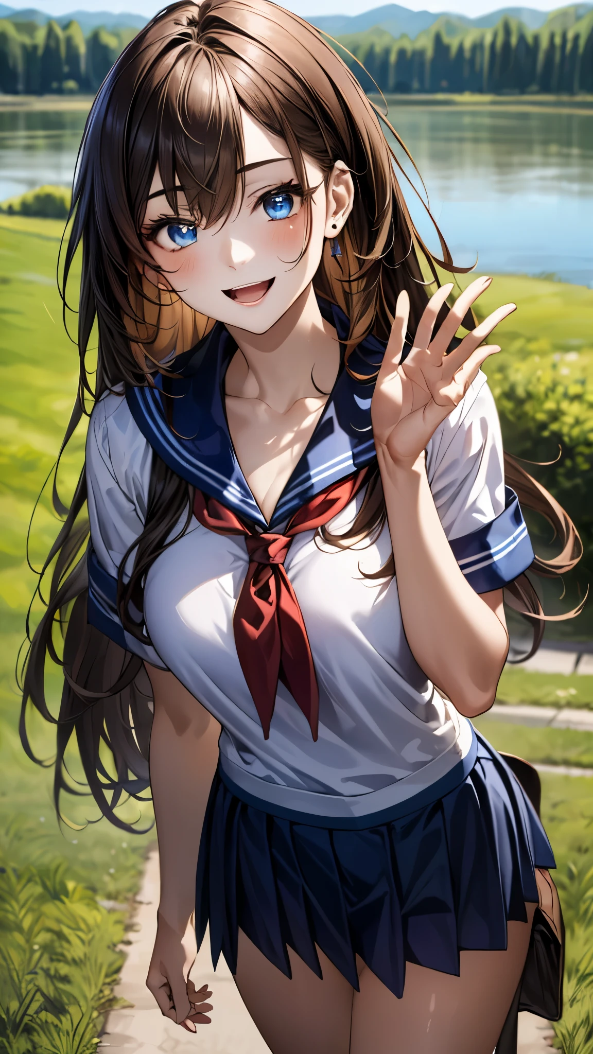 (masterpiece:1.3, top-quality, ultra high res, ultra detailed), (realistic, photorealistic:1.4), beautiful illustration, perfect lighting, colorful, depth of fields,
beautiful detailed hair, beautiful detailed face, beautiful detailed eyes, beautiful clavicle, beautiful body, beautiful chest, beautiful thigh, beautiful legs, beautiful fingers,
looking at viewer, 1 girl, high school girl, perfect face, (perfect anatomy, anatomically correct), cute and symmetrical face, face, , shiny skin,
(long hair:1.5, straight hair:1.6, rosy brown hair), asymmetrical bangs, hair between eyes, blue eyes, drooping eyes, long eye lasher, (medium breasts), slender,
(detailed cloth texture), short sleeve, blue sailor suit, pleated skirt, red sailor scarf, school bug,
(beautiful scenery), summer, afternoon, (riverside:1.2, grass), walking, (waving), (smile, half-open mouth),