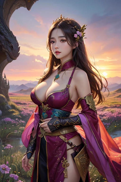 Girl with dragon in flower field, Fantasy art style, Detailed fantasy art, Fantasy artwork, Realなファンタジーアート, 4K Fantasy Art, Dragon Girl, epic Fantasy art style hd, HD fantasy art, Fantasy style art, Realなファンタジーアート, epic Fantasy art style, Amazing fantasy art, highly Detailed fantasy art、8k、RAW Photos、highest quality、Real、Photorealistic、Professional Lighting、mix4、20d、Beautiful  Woman、Japanese、1 female、Big beautiful eyes、Larger breasts