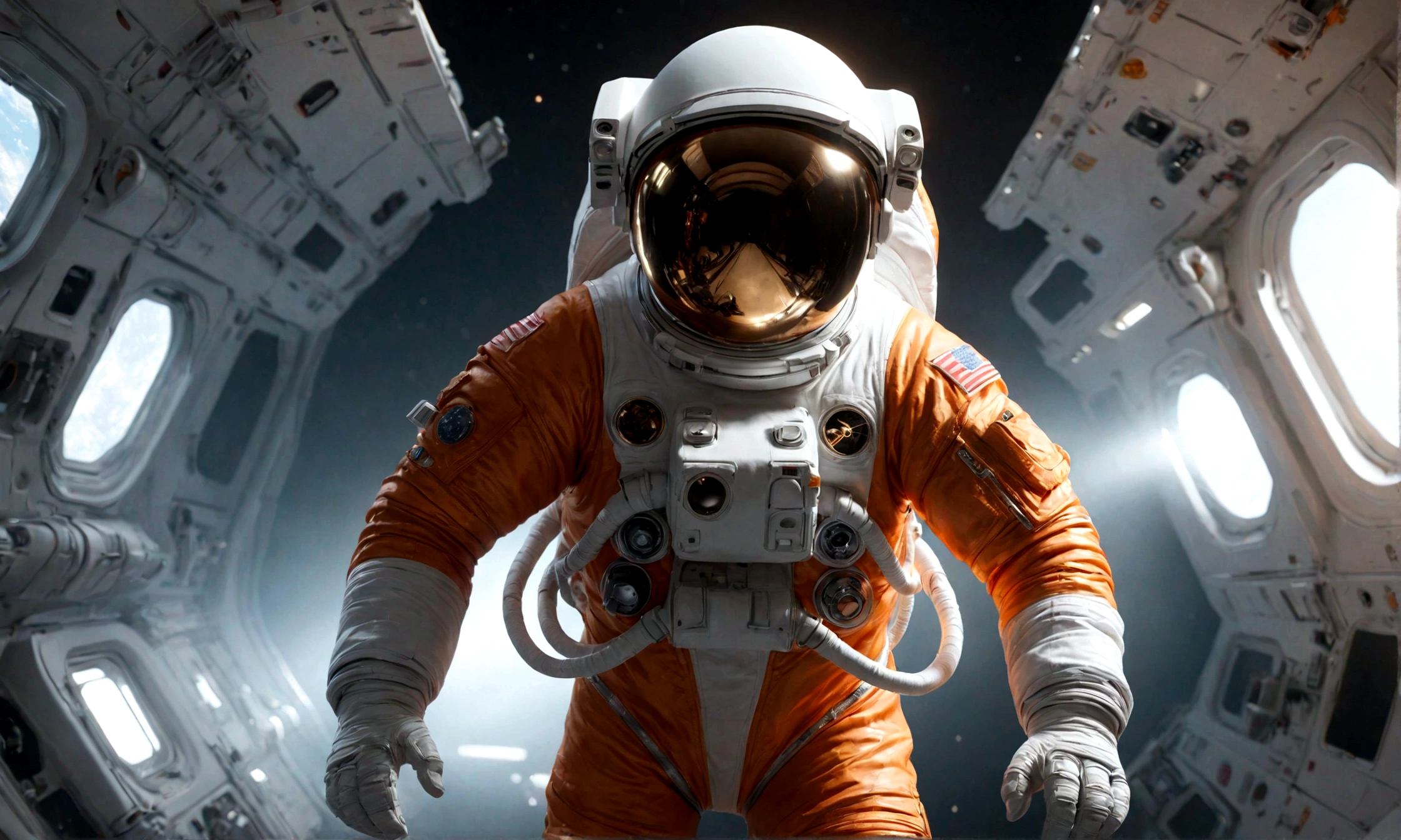 The astronaut is a 30-year-old man.., white and orange metallic clothing, cinematic, picture 촬영, half backlight, back light, dramatic lighting , incandescent light, soft lighting, Incredibly detailed and complex, hyper maximalist, Art, elegant pose, dynamic, picture, volume , very detailed, intricate details, Gwise의 very detailed 걸작, future environment