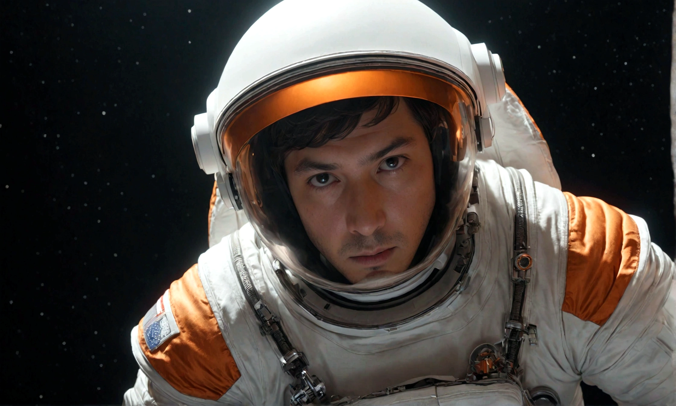 The astronaut is a 30-year-old man.., white and orange metallic clothing, cinematic, picture 촬영, half backlight, back light, dramatic lighting , incandescent light, soft lighting, Incredibly detailed and complex, hyper maximalist, Art, elegant pose, dynamic, picture, volume , very detailed, intricate details, Gwise의 very detailed 걸작, future environment
