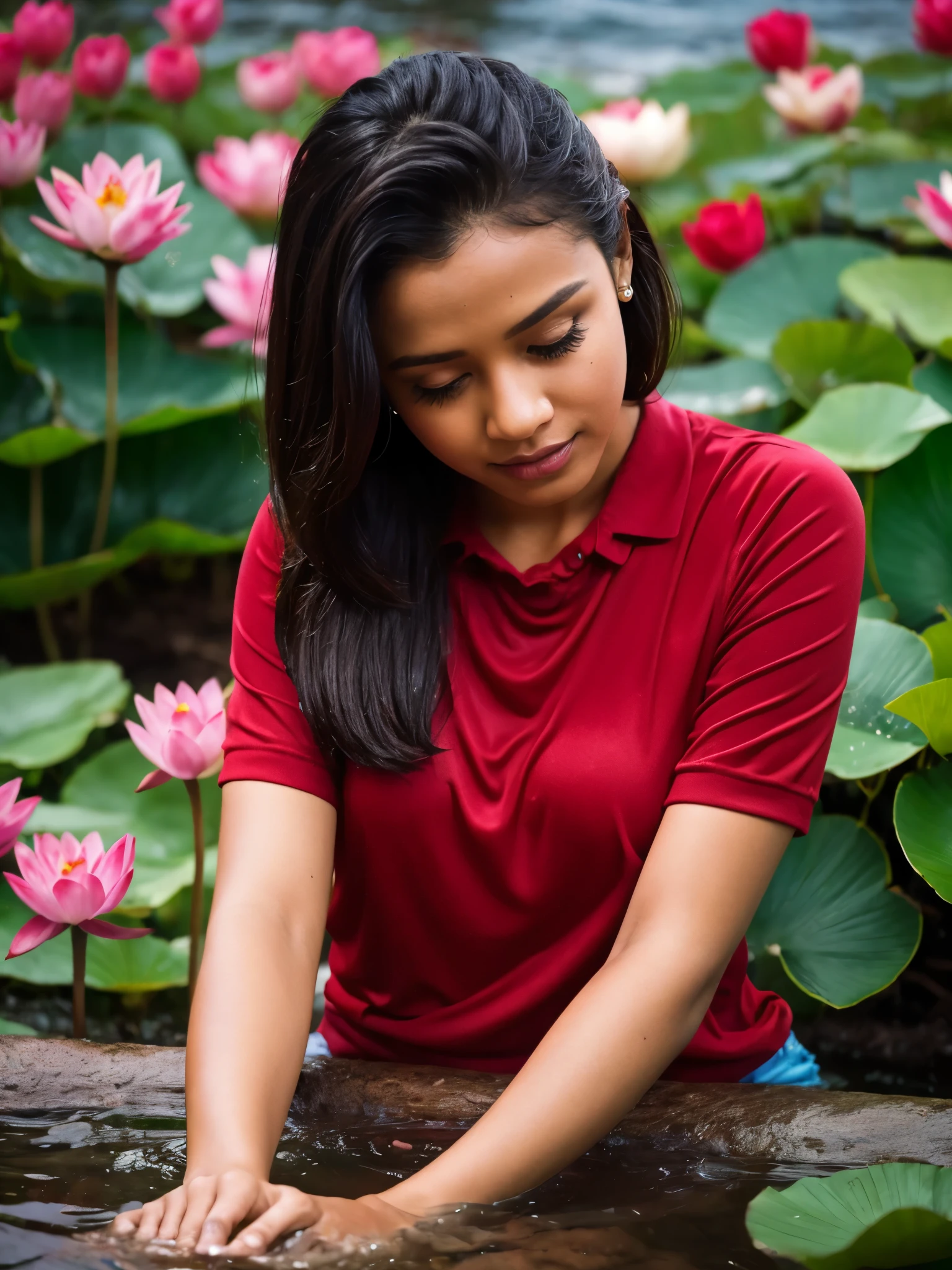 Samia, girl, solo, shirt, looking at you, face, perfect, flowers, high quality, radiant, night, godly, red shirt, red velvet, water, ocean, lotus, soaked, dripping wet, clinging