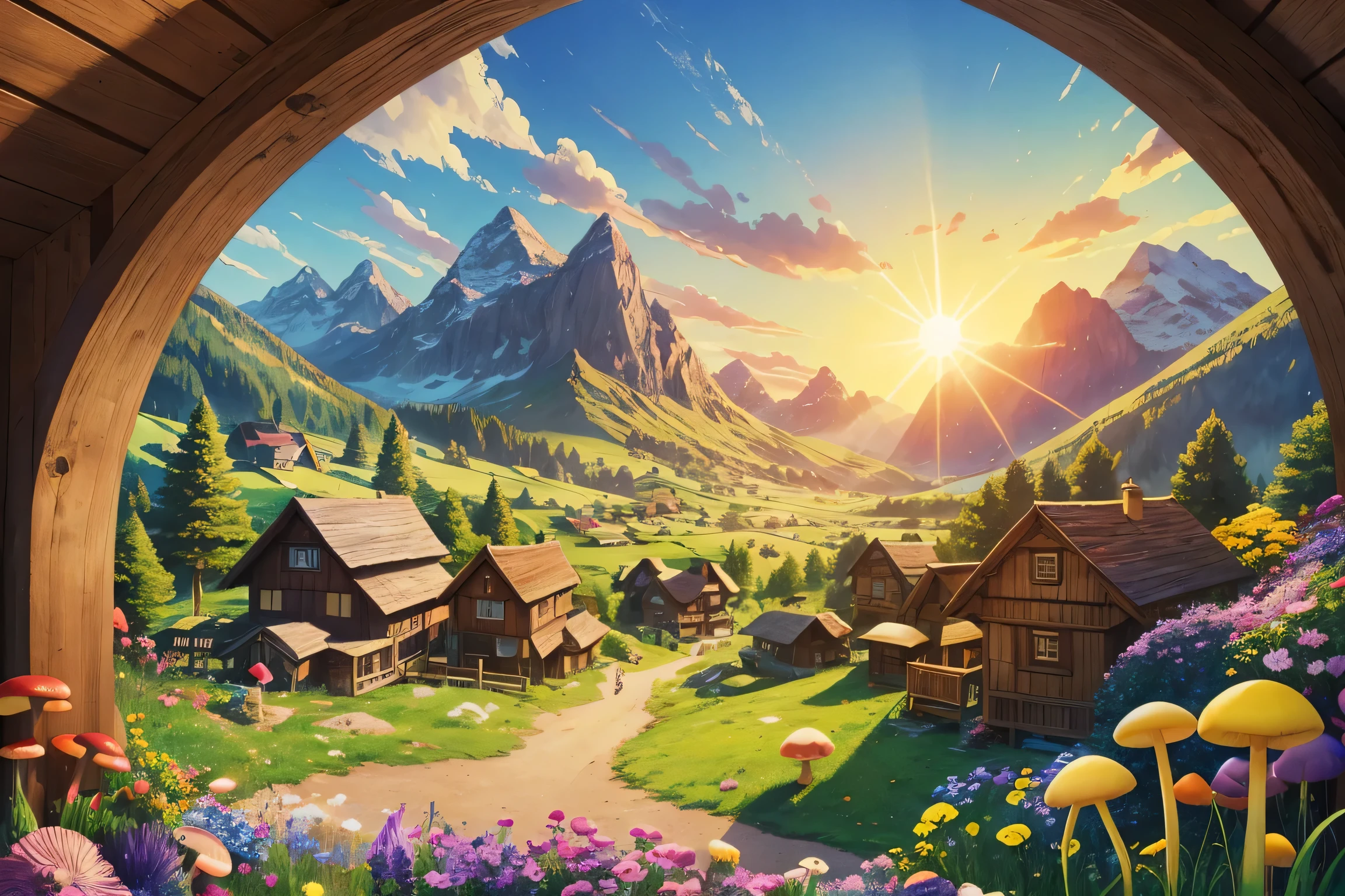 bright, (((cartoon style))), a background of a inside of a Wonderful summer landscape, bright sun, beautiful mountains, wooden houses in the distance, bright multi -colored flowers, fabulous mushrooms no human, illustration for children, fantasy art, masterpiece, detailed, intricate, 4k, art