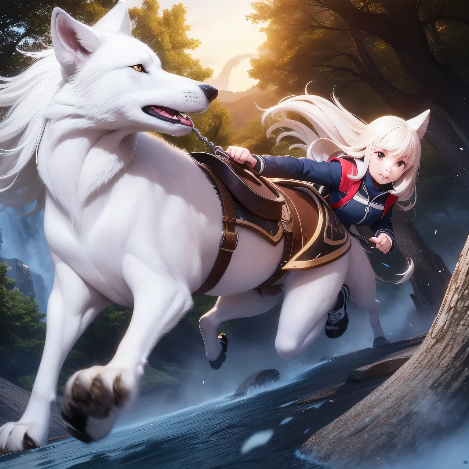 A cute 12 year old girl rides a 2m tall white wolf running fast on a mountain full of burning trees