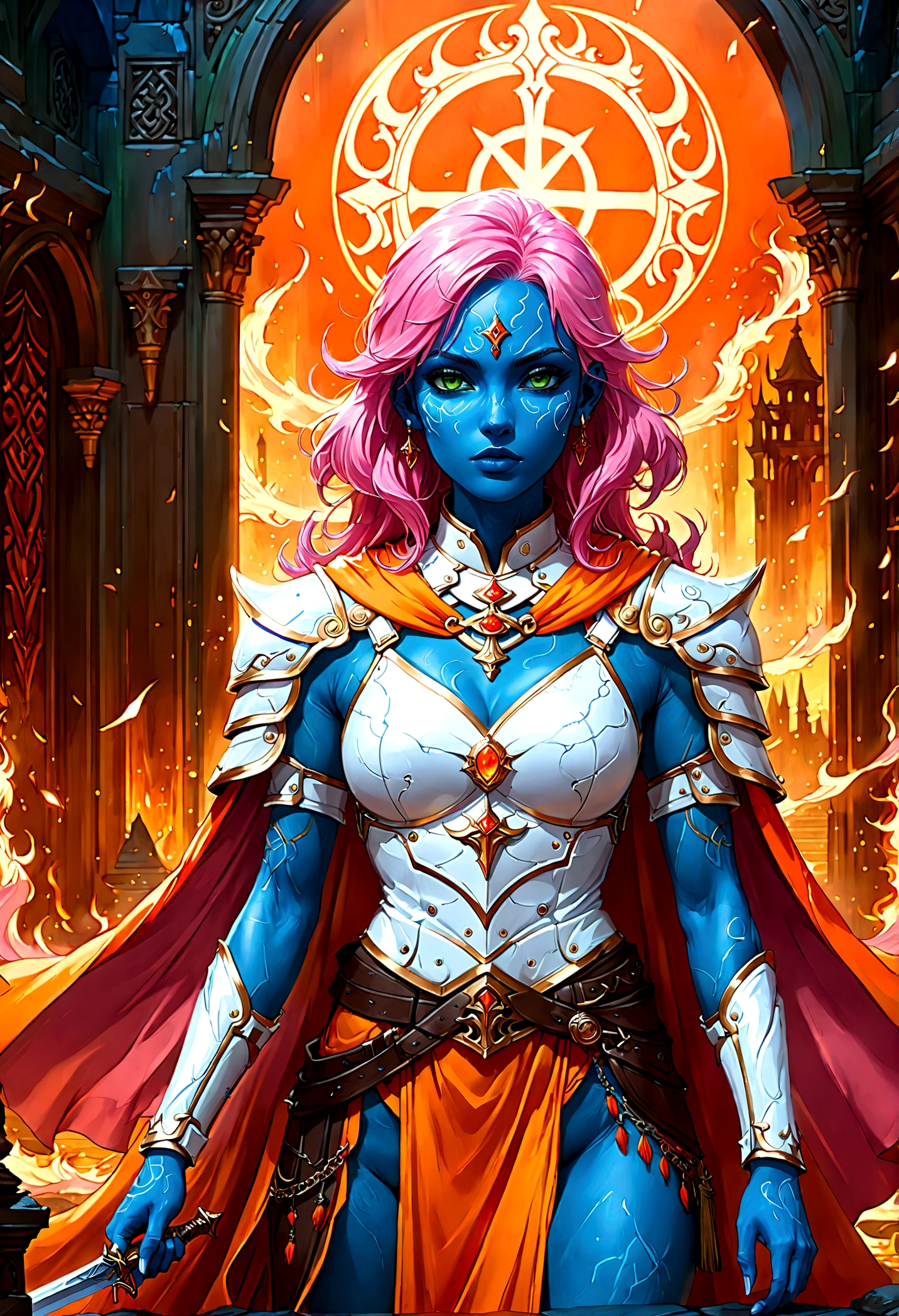 fantasy art, dnd art, RPG art, wide shot, (masterpiece: 1.4) a (portrait: 1.3) intense details, highly detailed, photorealistic, best quality, highres, portrait a female (fantasy art, Masterpiece, best quality: 1.3) ((blue skin: 1.5)), intense details facial details, exquisite beauty, (fantasy art, Masterpiece, best quality) cleric, (blue skinned: 1.3) female, (pink hair: 1.3), long hair, (no ears: 1.5), (green eyes: 1.3), armed with a fiery sword red fire, wearing (white armor: 1.3), wearing high heeled laced boots, wearing an (orange cloak:1.3), wearing glowing holy symbol GlowingRunes_yellow, within fantasy temple background, reflection light, high details, best quality, 16k, [ultra detailed], masterpiece, best quality, (extremely detailed), close up, ultra wide shot, photorealistic, RAW, fantasy art, dnd art, fantasy art, realistic art,((best quality)), ((masterpiece)), (detailed), perfect face,2d anime hand-drawn digital sketch style