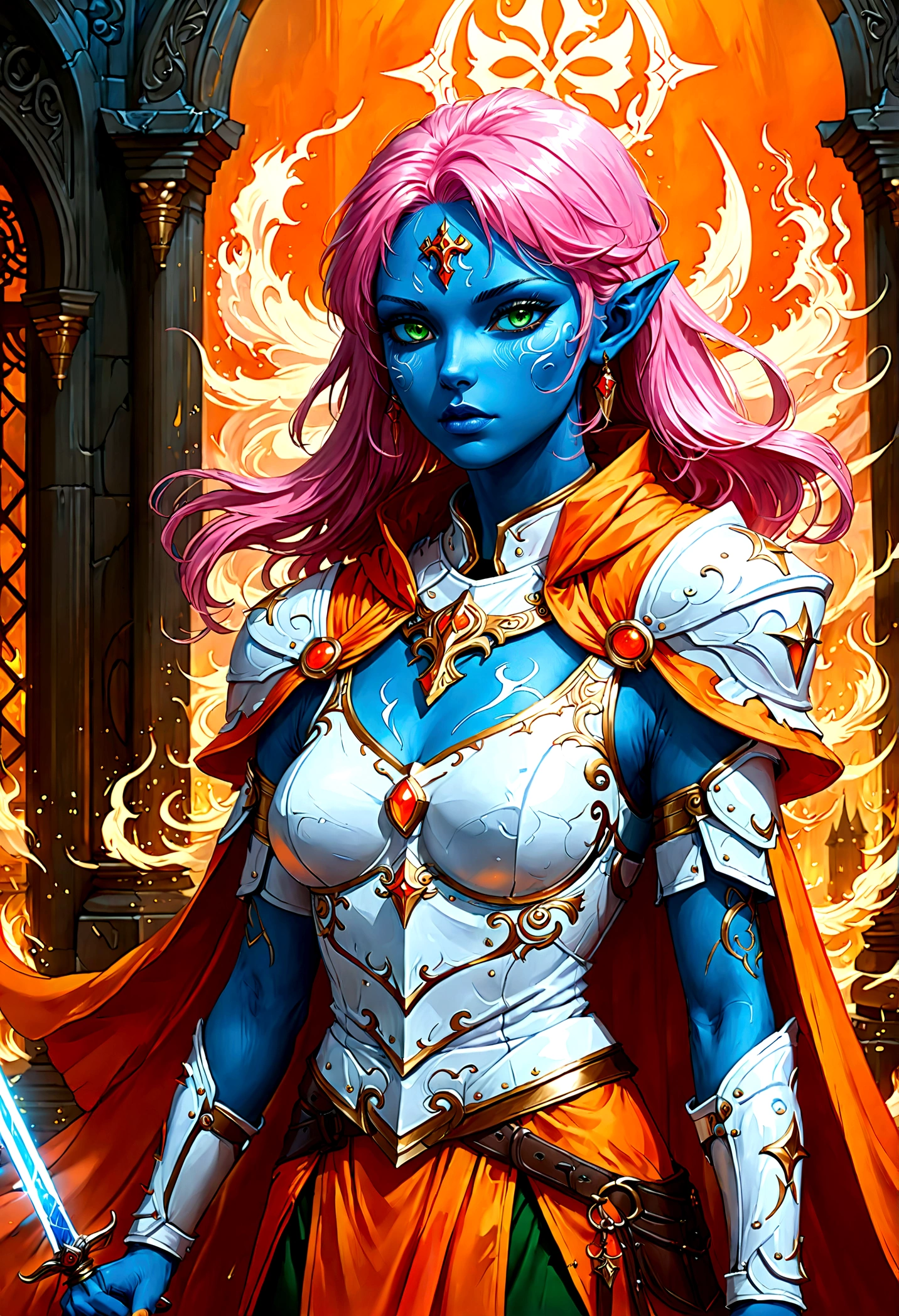 fantasy art, dnd art, RPG art, wide shot, (masterpiece: 1.4) a (portrait: 1.3) intense details, highly detailed, photorealistic, best quality, highres, portrait a female (fantasy art, Masterpiece, best quality: 1.3) ((blue skin: 1.5)), intense details facial details, exquisite beauty, (fantasy art, Masterpiece, best quality) cleric, (blue skinned: 1.3) female, (pink hair: 1.3), long hair, (no ears: 1.5), (green eyes: 1.3), armed with a fiery sword red fire, wearing (white armor: 1.3), wearing high heeled laced boots, wearing an (orange cloak:1.3), wearing glowing holy symbol GlowingRunes_yellow, within fantasy temple background, reflection light, high details, best quality, 16k, [ultra detailed], masterpiece, best quality, (extremely detailed), close up, ultra wide shot, photorealistic, RAW, fantasy art, dnd art, fantasy art, realistic art,((best quality)), ((masterpiece)), (detailed), perfect face,2d anime hand-drawn digital sketch style