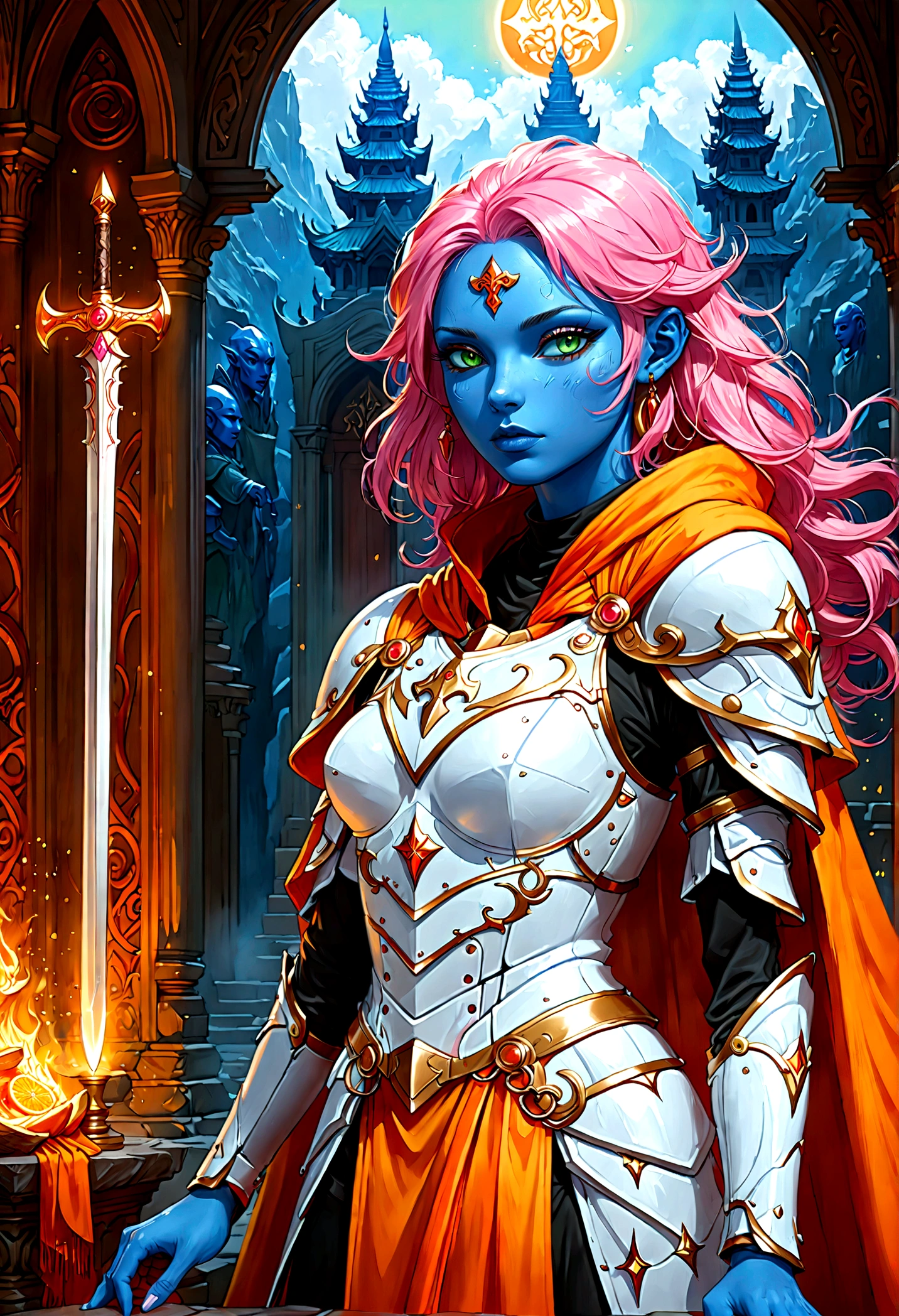 fantasy art, dnd art, RPG art, wide shot, (masterpiece: 1.4) a (portrait: 1.3) intense details, highly detailed, photorealistic, best quality, highres, portrait a female (fantasy art, Masterpiece, best quality: 1.3) ((blue skin: 1.5)), intense details facial details, exquisite beauty, (fantasy art, Masterpiece, best quality) cleric, (blue skinned: 1.3) female, (pink hair: 1.3), long hair, (no ears: 1.5), (green eyes: 1.3), armed with a fiery sword red fire, wearing (white armor: 1.3), wearing high heeled laced boots, wearing an (orange cloak:1.3), wearing glowing holy symbol GlowingRunes_yellow, within fantasy temple background, reflection light, high details, best quality, 16k, [ultra detailed], masterpiece, best quality, (extremely detailed), close up, ultra wide shot, photorealistic, RAW, fantasy art, dnd art, fantasy art, realistic art,((best quality)), ((masterpiece)), (detailed), perfect face,2d anime hand-drawn digital sketch style