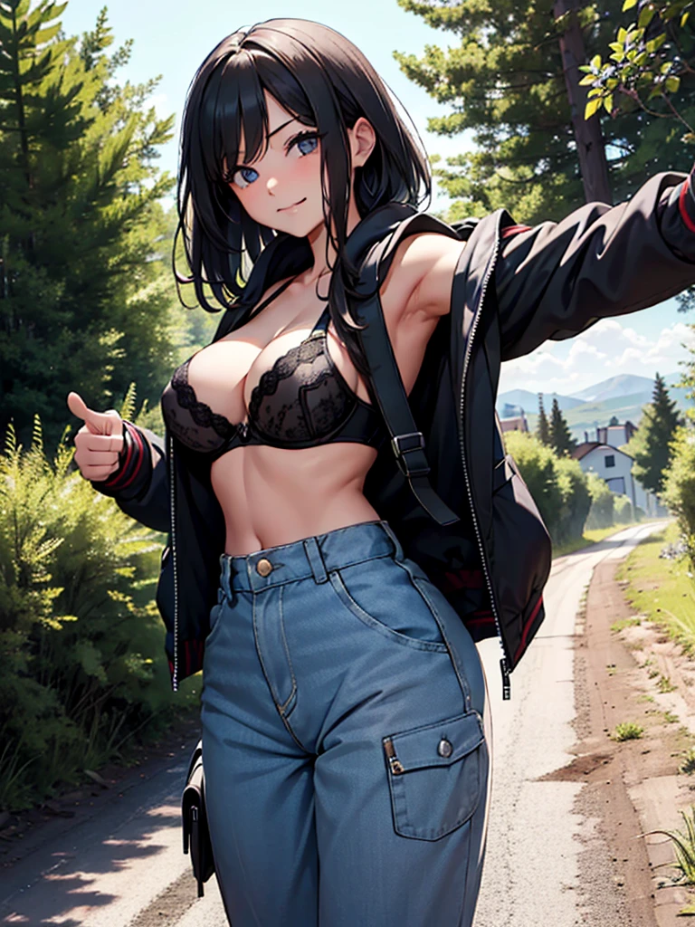 (Masterpiece, Best Picture, High Resolution), A sassy-looking girl is hitchhiking along an unpopular country road. She is standing on the side of the road, carrying her bag and luggage. She is sexually attractive. ((She is dressed with her jacket open and her bra exposed.)) ) The background is a desolate rural landscape, with long stretches of road, few trees, and no houses in sight. She signals the car to stop with a confident thumbs-up gesture with her arms raised high and a sly smirk on her face, creating a cheeky demeanor. The overall atmosphere should convey her sassy attitude and secluded, isolated setting. nsfw, grin