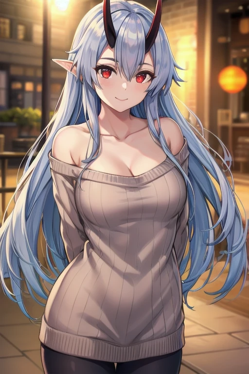 masterpiece, best quality, 1girl, tomoe gozen, torino style, glowing red eyes, smug smile, hair between eyes, silver long hair, elf, oni horns, sweater, bare shoulders, cleavage, hands behind back, ultra-detailed, realistic, photorealistic, HDR, UHD, studio lighting, ultra-fine painting, sharp focus, physically-based rendering, extreme detail description, professional, vivid colors, bokeh