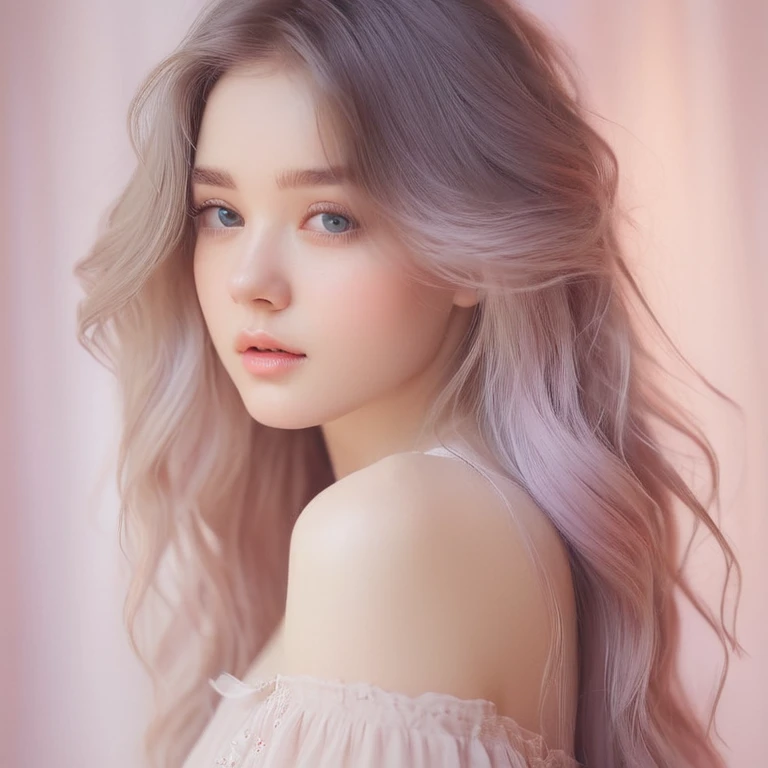 Soft color palette, beautiful girl, Embarrassed look, shape, (highest quality, Very detailed), Pastel Tones, Gentle lighting, Flowing hair, Delicate features, Dreamy atmosphere,Looking down