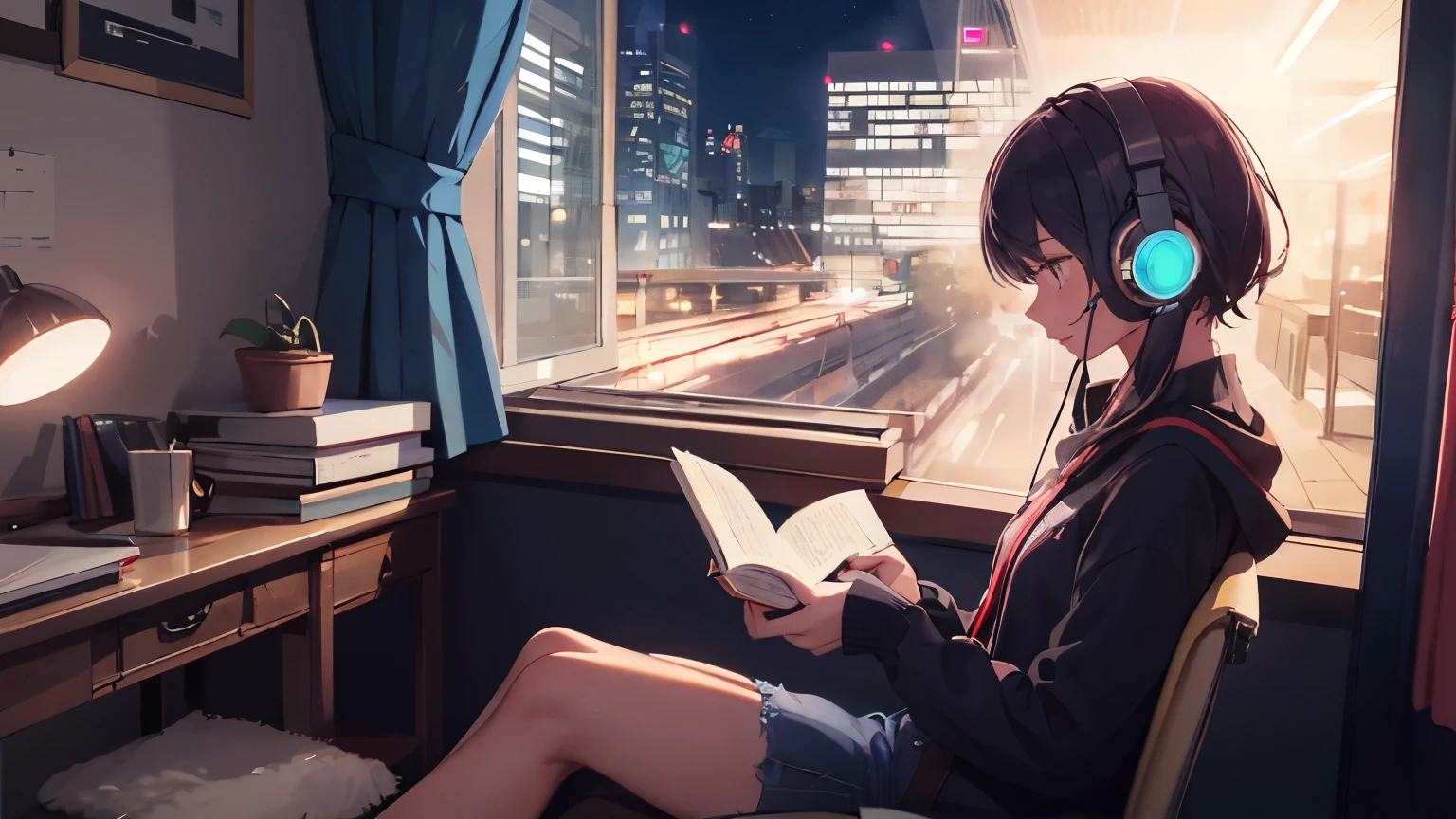 ((highest quality)), Girl with headphones,Reading in the study,Outside the window is night