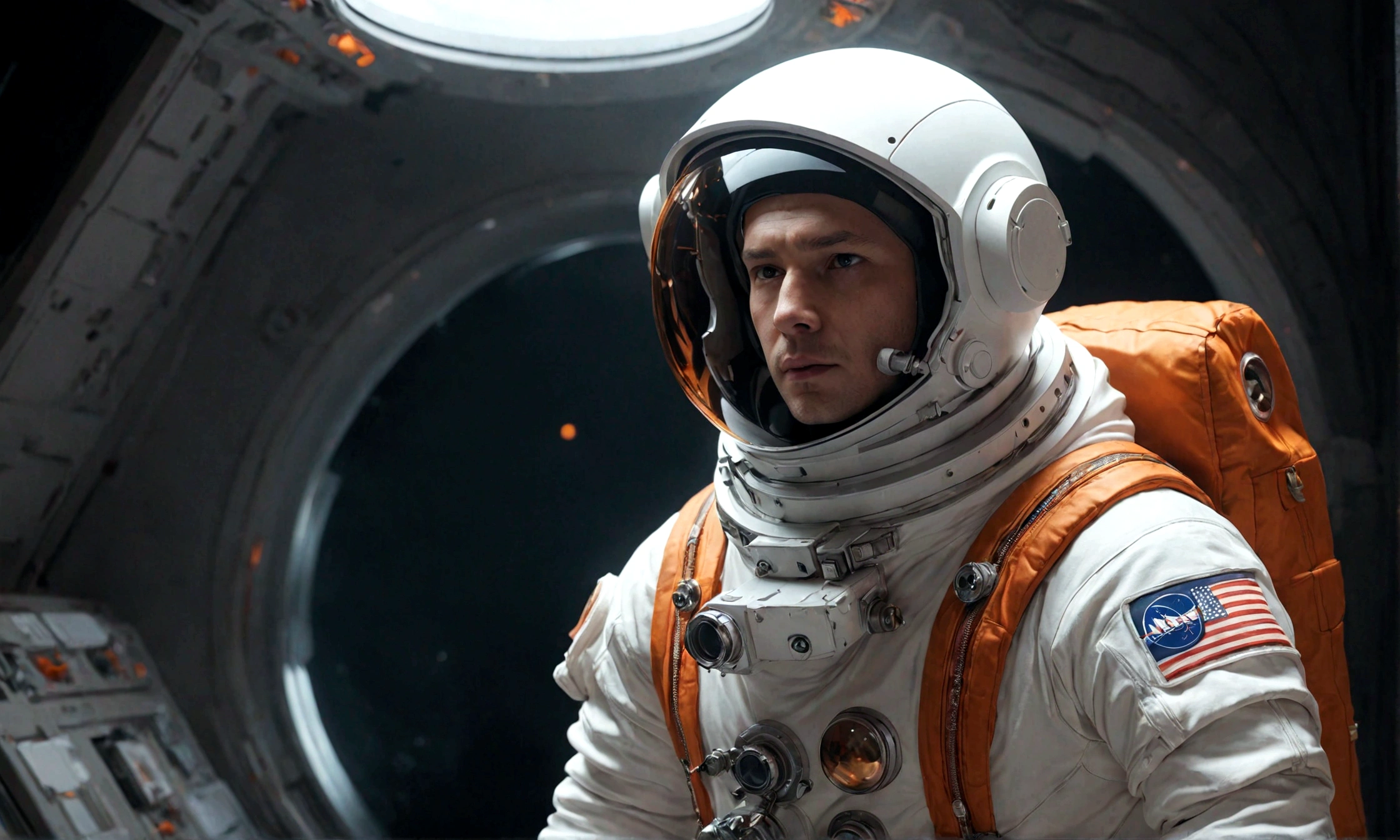 The astronaut is a 30-year-old man.., white and orange metallic clothing, cinematic, picture 촬영, half backlight, back light, dramatic lighting , incandescent light, soft lighting, Incredibly detailed and complex, hyper maximalist, Art, elegant pose, dynamic, picture, volume , very detailed, intricate details, Gwise의 very detailed 걸작, future environment