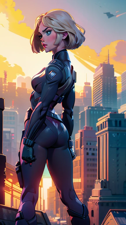 (masterpiece),(Full Body View),(Scarlett Johansson),(Platinum Blonde Hair),(Detailed Ass),(Detailed Green Eyes),(Detailed Nose),(Detailed Lips), toned back, wide hips,(Detailed Thighs), Scarlett Johansson as Black Widow stands poised on a rooftop, overlooking a sprawling cityscape. Captured from behind, her silhouette is defined by the sleek lines of her black tactical suit, complete with holsters and gadgets. Her short hair(classic bob haircut) hair cascades down her back, catching the light from the setting sun. The city below is alive with lights and movement, providing a stark contrast to her still, vigilant figure. She stands with her legs slightly apart and hands on her hips(focus on her round butt), exuding a sense of readiness and contemplation, prepared for whatever challenges await.