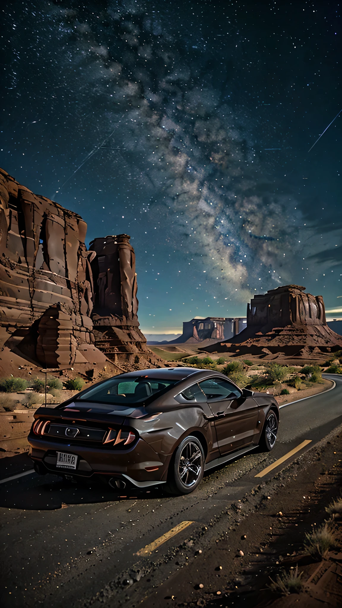 Ford mustang in monument valley.night,milky way in sky,highway,back of the car is visible