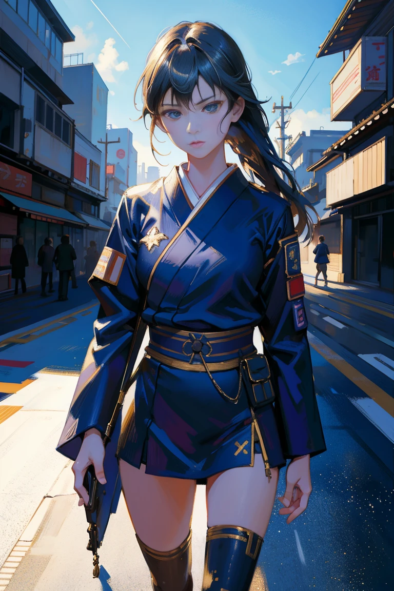 detailed full body portrait,(A girl with a determined look), Japanese Navy Pilot、Andy Jurgens (mandy jurgens) A realistic painting was created, transformation, Figurative art, Detailed Description, Realistically, Artwork, Contour, Colorful Noise, Visual clutter,Modern aesthetics、Japanese Style、City in Ruins