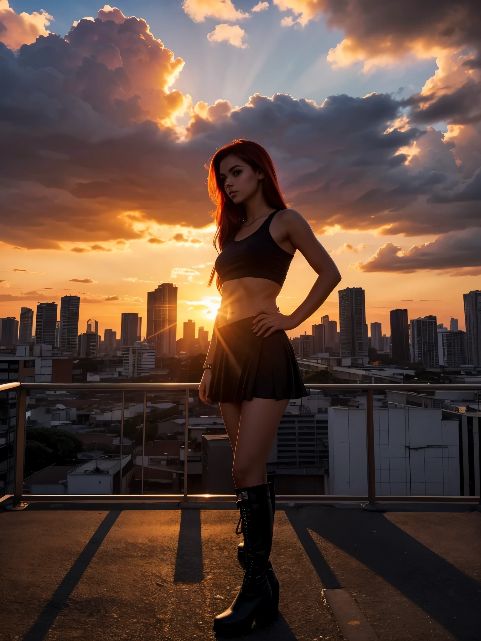 ((best illustration)) Brazilian girl, red hair, teenage body, black top, black tight skirt, black boot, urban landscape, building, skyline, sunset, silhouette against the clouds, contemplative.