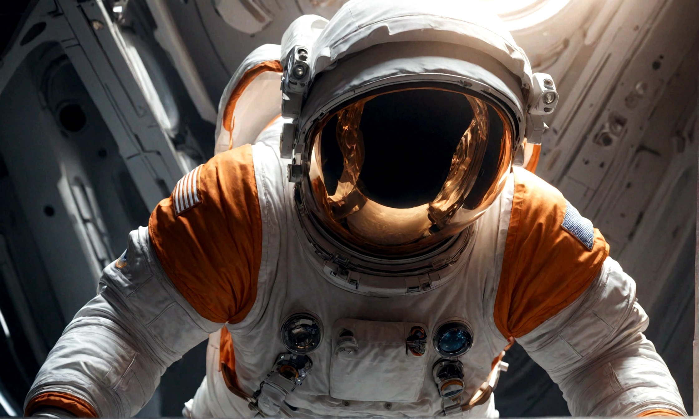The astronaut is a 30-year-old man.., white and orange metallic clothing, cinematic, picture 촬영, half backlight, back light, dramatic lighting , incandescent light, soft lighting, Incredibly detailed and complex, hyper maximalist, Art, elegant pose, dynamic, picture, volume , very detailed, intricate details, Gwise의 very detailed 걸작, future environment
