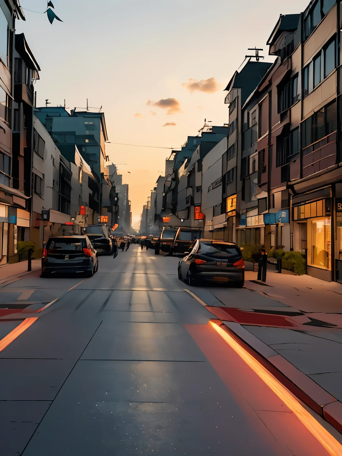 炎热的evening,(evening:1.1),Beautiful clouds in the sky,Bustling streets,(City:1.31),Atmosphere of peace and tranquility,(best quality,4k,8K,high resolution,masterpiece:1.2),Very detailed,(actual,photoactual,photo-actual:1.37),Vibrant colors,Soft tones,stunning lighting effects