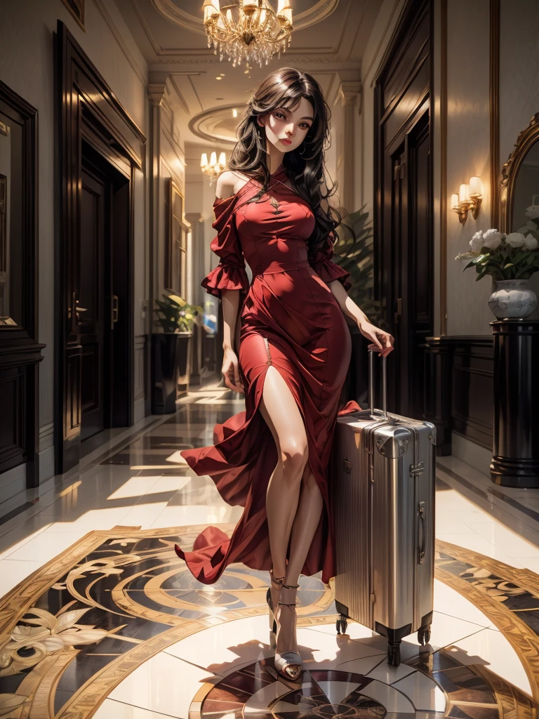 An incredibly beautiful young femme fatale brunette with long black straight hair, long bangs, dressed in a light short summer red dress, purple eyes, high-heeled shoes, next to her a large suitcase on wheels, in her hands a small purse. She's standing in the lobby of the hotel. Masterpiece, beautiful face, perfect image, realistic photos, full-length image, 8k, detailed image, extremely detailed illustration, a real masterpiece of the highest quality, with careful drawing. In full growth.