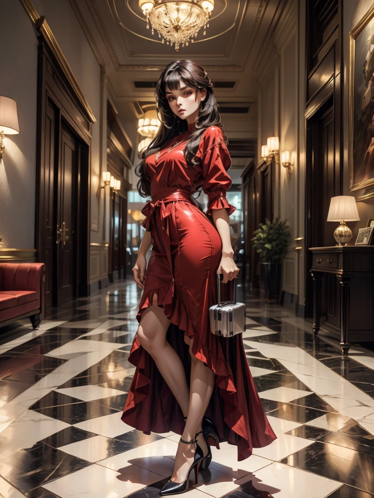 An incredibly beautiful young femme fatale brunette with long black straight hair, long bangs, dressed in a light short summer red dress, purple eyes, high-heeled shoes, next to her a large suitcase on wheels, in her hands a small purse. She's standing in the lobby of the hotel. Masterpiece, beautiful face, perfect image, realistic photos, full-length image, 8k, detailed image, extremely detailed illustration, a real masterpiece of the highest quality, with careful drawing. In full growth.