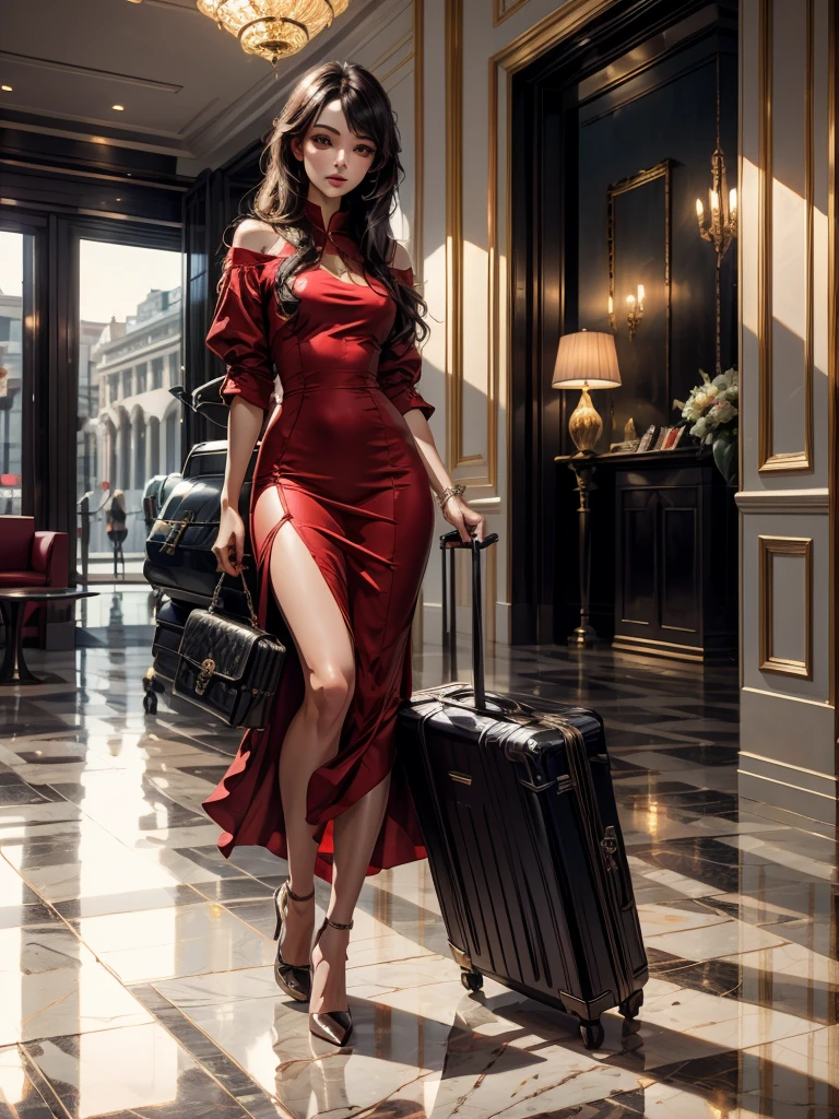 An incredibly beautiful young femme fatale brunette with long black straight hair, long bangs, dressed in a light short summer red dress, purple eyes, high-heeled shoes, next to her a large suitcase on wheels, in her hands a small purse. She's standing in the lobby of the hotel. Masterpiece, beautiful face, perfect image, realistic photos, full-length image, 8k, detailed image, extremely detailed illustration, a real masterpiece of the highest quality, with careful drawing. In full growth.