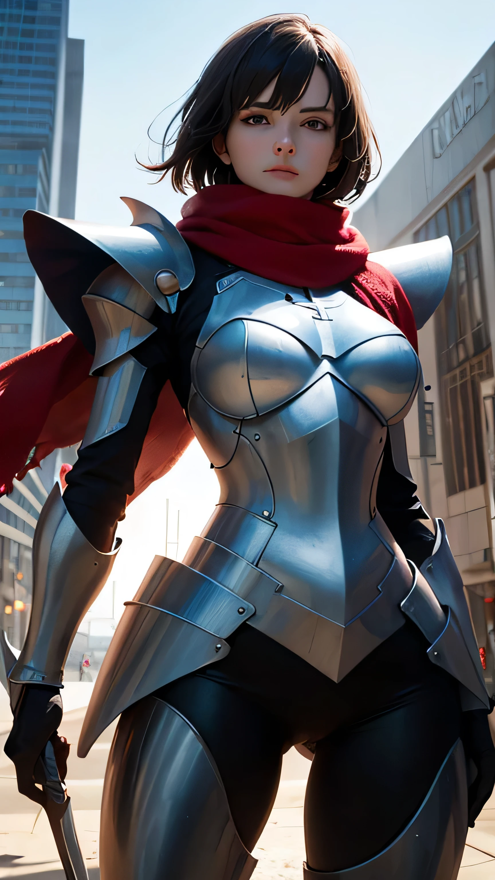 (Realism, photo realism: 1.3), (lens focal length: 35mm), backlight, a women knight's mechanical armor, luxurious and exquisite shape, a blue glowing cross carved on the chest of the mecha, the mecha holds a red glowing wide and heavy armor sword, the red scarf sways in the wind, the knight's eyes are red flame light, and the battle posture is drawn