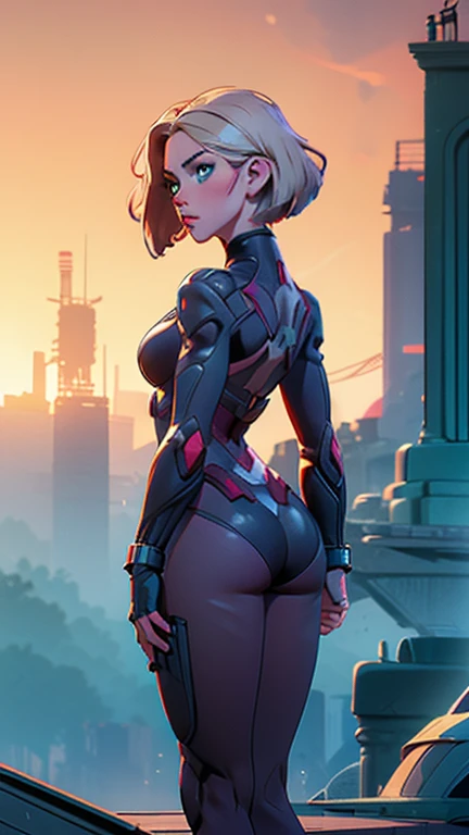 (masterpiece),(Full Body View),(Scarlett Johansson),(Platinum Blonde Hair),(Detailed Ass),(Detailed Green Eyes),(Detailed Nose),(Detailed Lips), toned back, wide hips,(Detailed Thighs), Scarlett Johansson as Black Widow stands poised on a rooftop, overlooking a sprawling cityscape. Captured from behind, her silhouette is defined by the sleek lines of her black tactical suit, complete with holsters and gadgets. Her short hair(classic bob haircut) hair cascades down her back, catching the light from the setting sun. The city below is alive with lights and movement, providing a stark contrast to her still, vigilant figure. She stands with her legs slightly apart and hands on her hips(focus on her round butt), exuding a sense of readiness and contemplation, prepared for whatever challenges await.