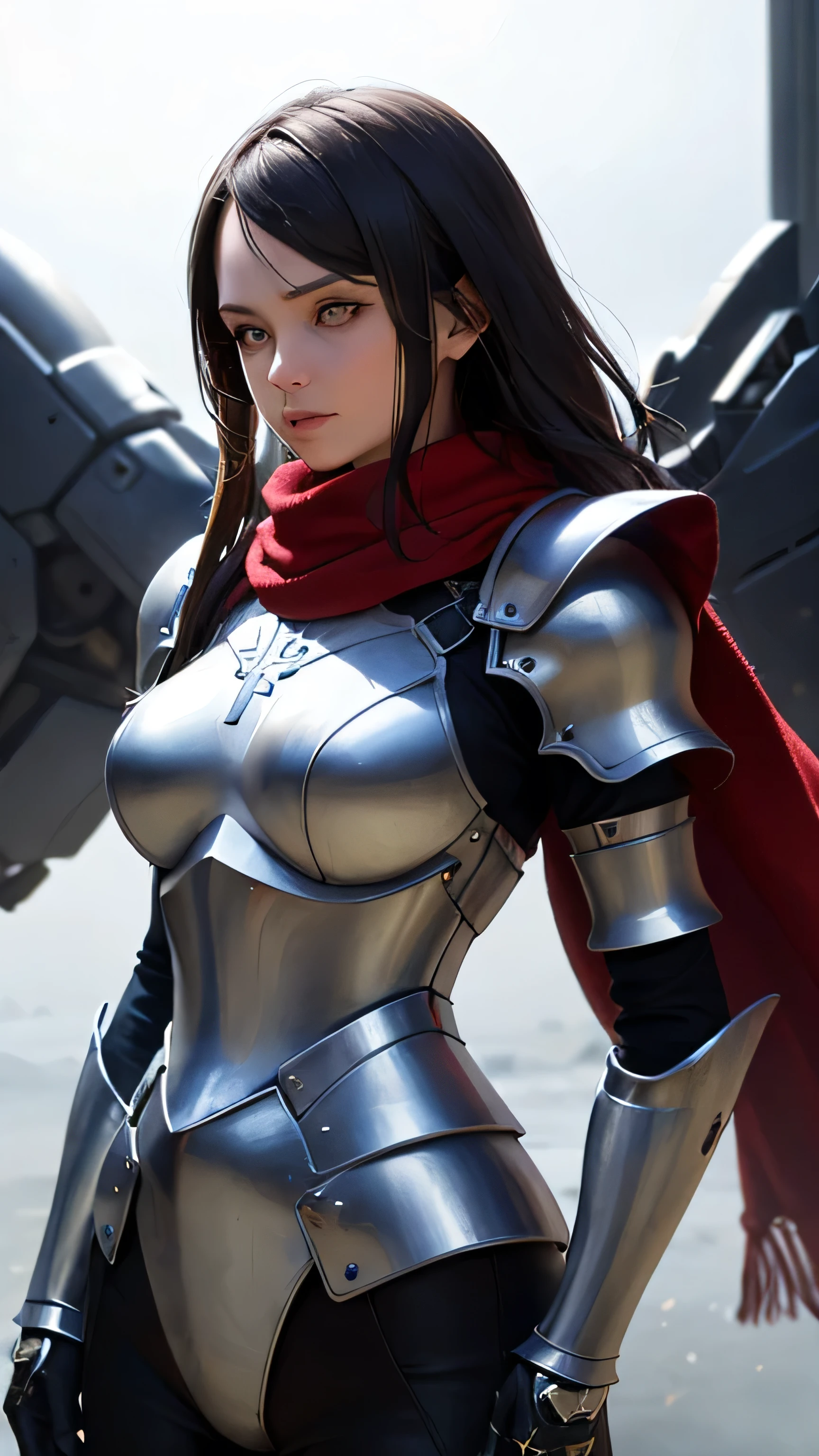 (Realism, photo realism: 1.3), (lens focal length: 35mm), backlight, a women knight's mechanical armor, luxurious and exquisite shape, a blue glowing cross carved on the chest of the mecha, the mecha holds a red glowing wide and heavy armor sword, the red scarf sways in the wind, the knight's eyes are red flame light, and the battle posture is drawn