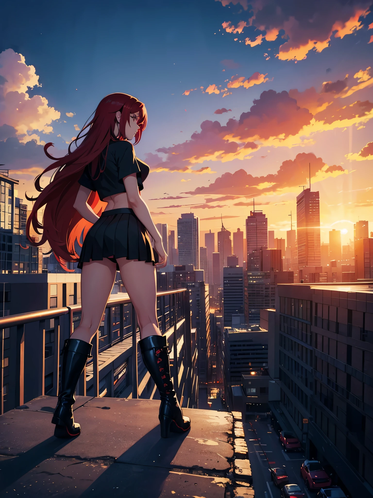 ((best illustration)) Brazilian girl, red hair, teenage body, black top, black tight skirt, black boot, urban landscape, building, skyline, sunset, silhouette against the clouds, contemplative.  