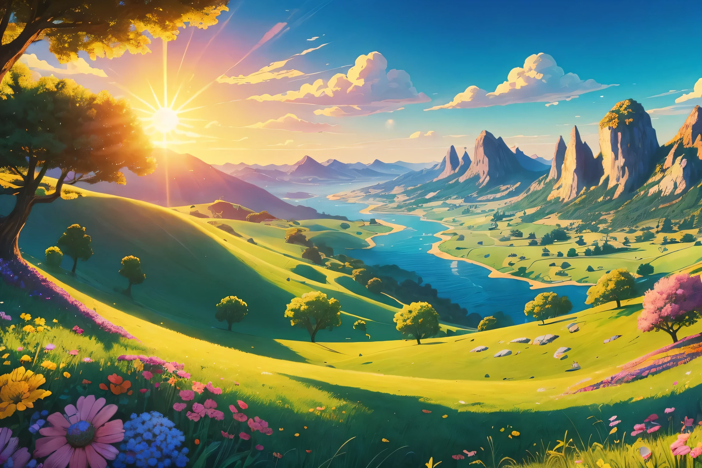 bright, (((cartoon style))), a background  of a Wonderful summer landscape, bright sun, no human, illustration for children, fantasy art, masterpiece, detailed, intricate, 4k, art