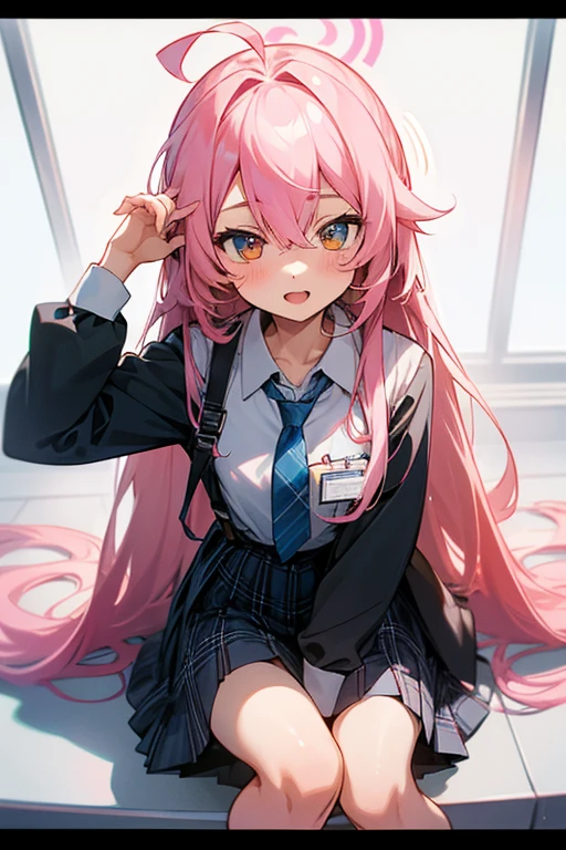 One girl, Hoshino (Blue Archive), alone, Heterochromia iridis, Pink Hair, skirt, Long Hair, , Ahoge, shirt, Hello, Plaid skirt, blue eyes, Plaid, View Viewer, white shirt, Sitting, Orange eyes, chest Harness, Harness, Long sleeve, ID card, Open your mouth, very Long Hair, collared shirt, smile, blue tie, bangs, The legs are off the frame, Between the legs, hand Between the legs, blush, Hair between the eyes, High resolution,masterpiece, highest quality