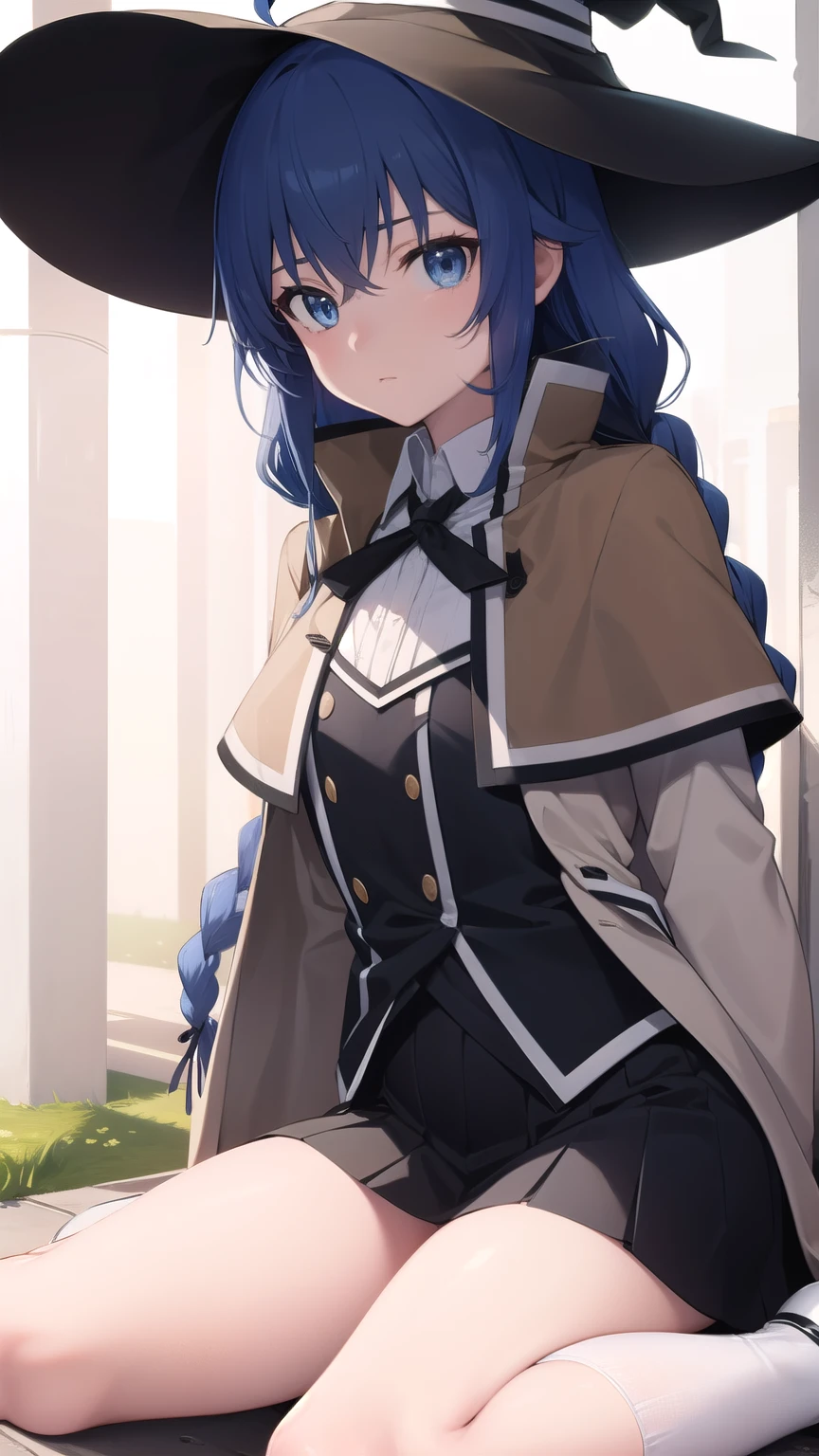 roxymigurdia, roxy, ahoge, black ribbon, blue eyes, blue hair, braid, hair between eyes, hair ribbon, long hair, twin braids, very long hair, hat, witch hat,
BREAK black legwear, black skirt, capelet, jacket, brown jacket, long sleeves, miniskirt, open clothes, open jacket, pleated skirt, skirt, white capelet, white footwear, white jacket, wariza, cry , look at viewer,
BREAK looking at viewer,
BREAK outdoors, city,
BREAK (masterpiece:1.2), best quality, high resolution, unity 8k wallpaper, (illustration:0.8), (beautiful detailed eyes:1.6), extremely detailed face, perfect lighting, extremely detailed CG, (perfect hands, perfect anatomy),
