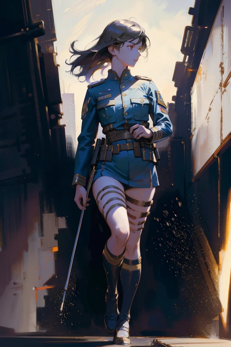 detailed full body portrait,(A girl with a determined look), (flying soldier)、(mandy jurgens) A realistic painting was created, transformation, Figurative art, Detailed Description, Realistically, Artwork, Contour, Colorful Noise, Visual clutter,Modern aesthetics、Japanese Style、Military airport、Wearing military uniform