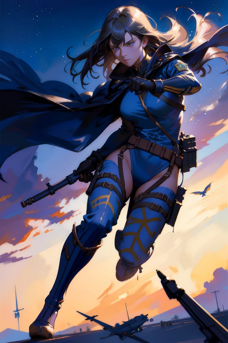 detailed full body portrait，(A girl with a determined look), (flying soldier)、(mandy jurgens) A realistic painting was created, transformation, Figurative art, Detailed Description, Realistically, Artwork, Contour，  Colorful Noise, Visual clutter,Modern aesthetics、Japanese Style、Military airport、Wearing military uniform
