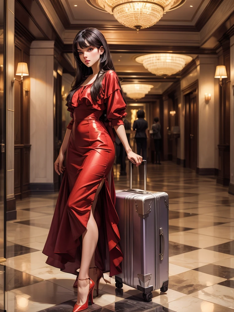 An incredibly beautiful young femme fatale brunette with long black straight hair, long bangs, dressed in a light short summer red dress, purple eyes, high-heeled shoes, next to her a large suitcase on wheels, in her hands a small purse. She's standing in the lobby of the hotel. Masterpiece, beautiful face, perfect image, realistic photos, full-length image, 8k, detailed image, extremely detailed illustration, a real masterpiece of the highest quality, with careful drawing. In full growth.