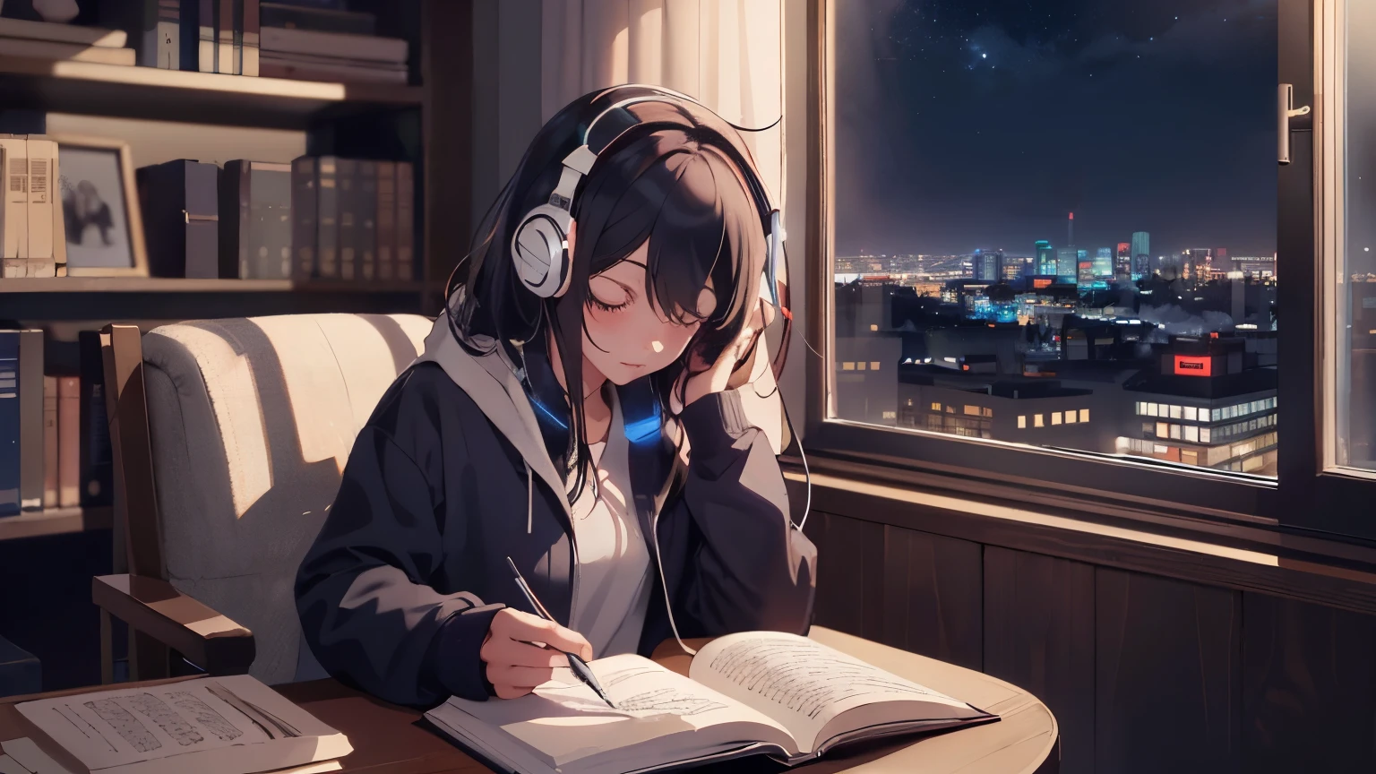 ((highest quality)), Girl with headphones,Reading in the study,Outside the window is night