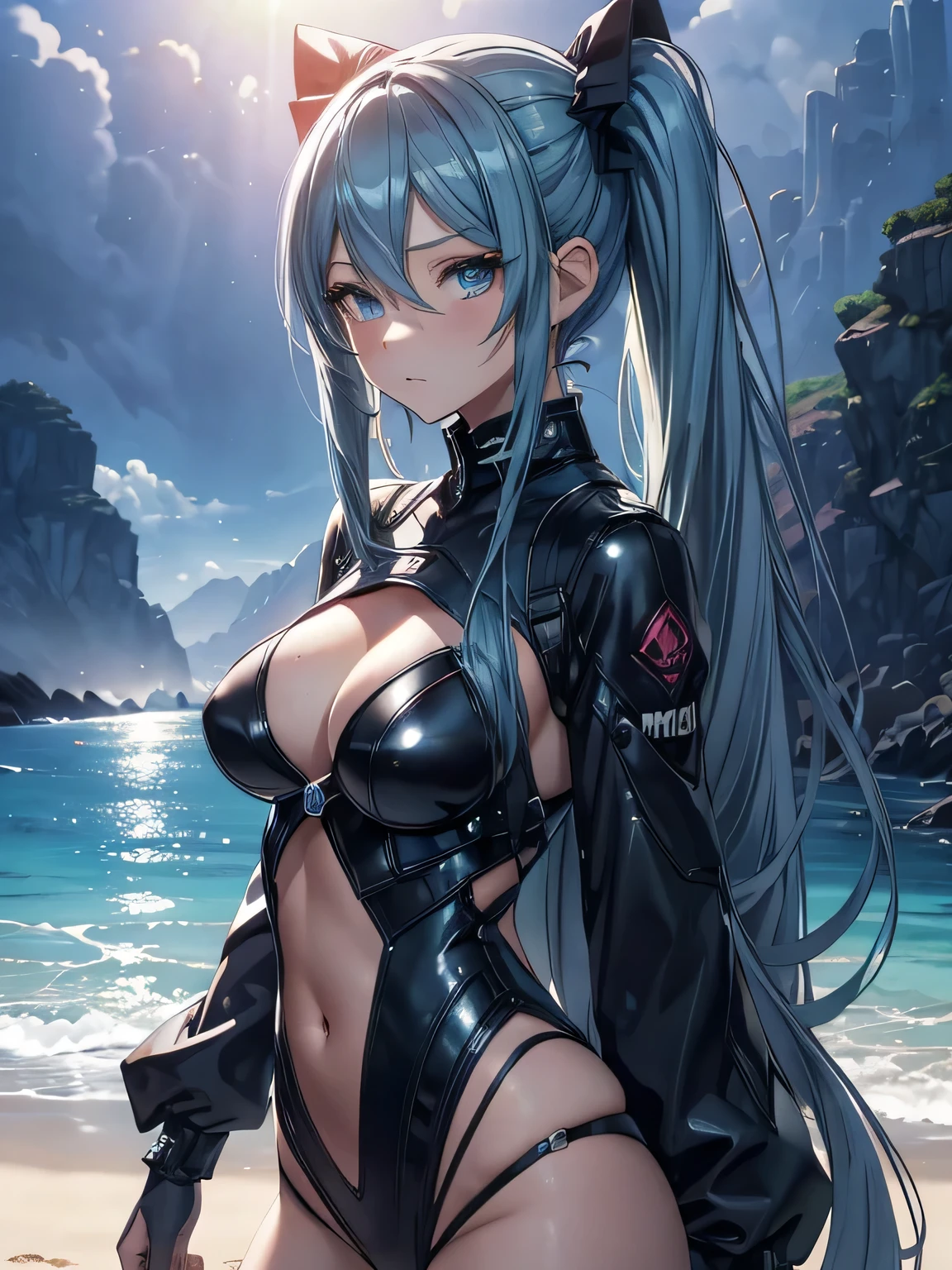 (Maxima calidad), ((la mejor definicion)) Miku Hatsune antropomorfica, furry art, ojos azul intenso ((la mejor calidad)), recostada sobre su lado izquierdo, pose medio lateral, descalza, patas bien definidas, la mejor calidad, beach landscape al atardecer, sensual pose, sensual bondage