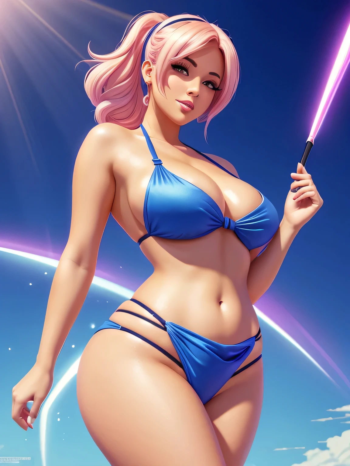 Masterpiece, digital artwork, A gorgeous sexy female baker, curvy, sideboob, toon style, anime style, vector art, cell shading, dynamic soft ethereal lighting, rays of light, bikini apron, sharp nose, full luscious lips,