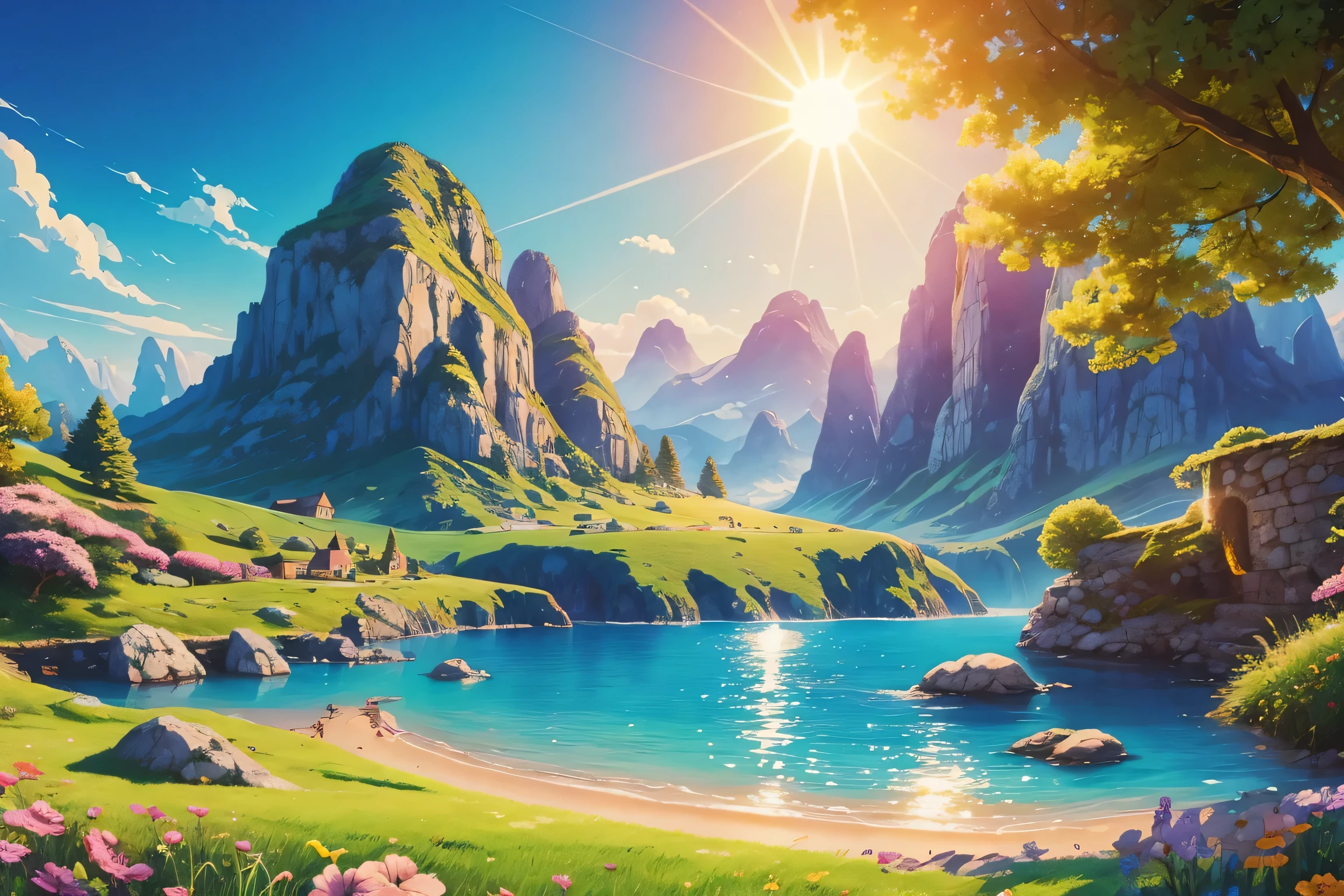 bright, (((cartoon style))), a background of a Wonderful summer landscape, bright sun, no human, illustration for children, fantasy art, masterpiece, detailed, intricate, 4k, art