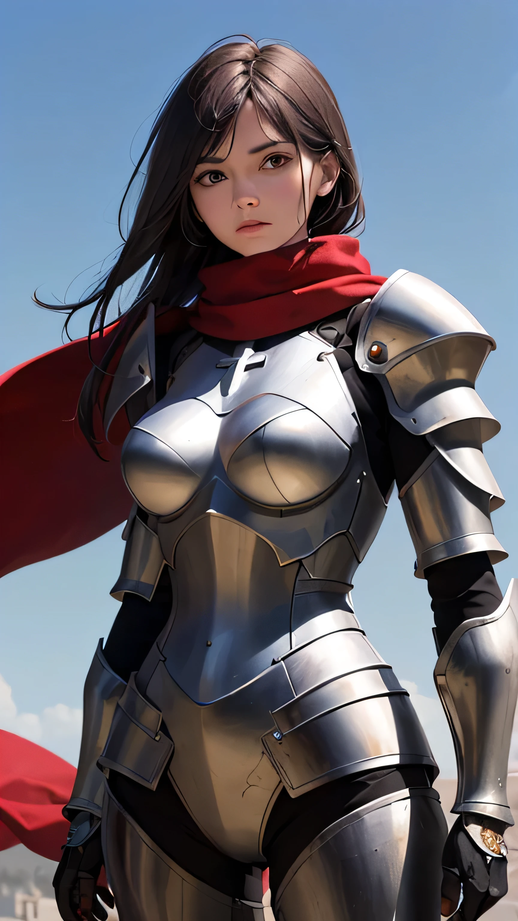 (Realism, photo realism: 1.3), (lens focal length: 35mm), backlight, a women knight's mechanical armor, luxurious and exquisite shape, a blue glowing cross carved on the chest of the mecha, the mecha holds a red glowing wide and heavy armor sword, the red scarf sways in the wind, the knight's eyes are red flame light, and the battle posture is drawn