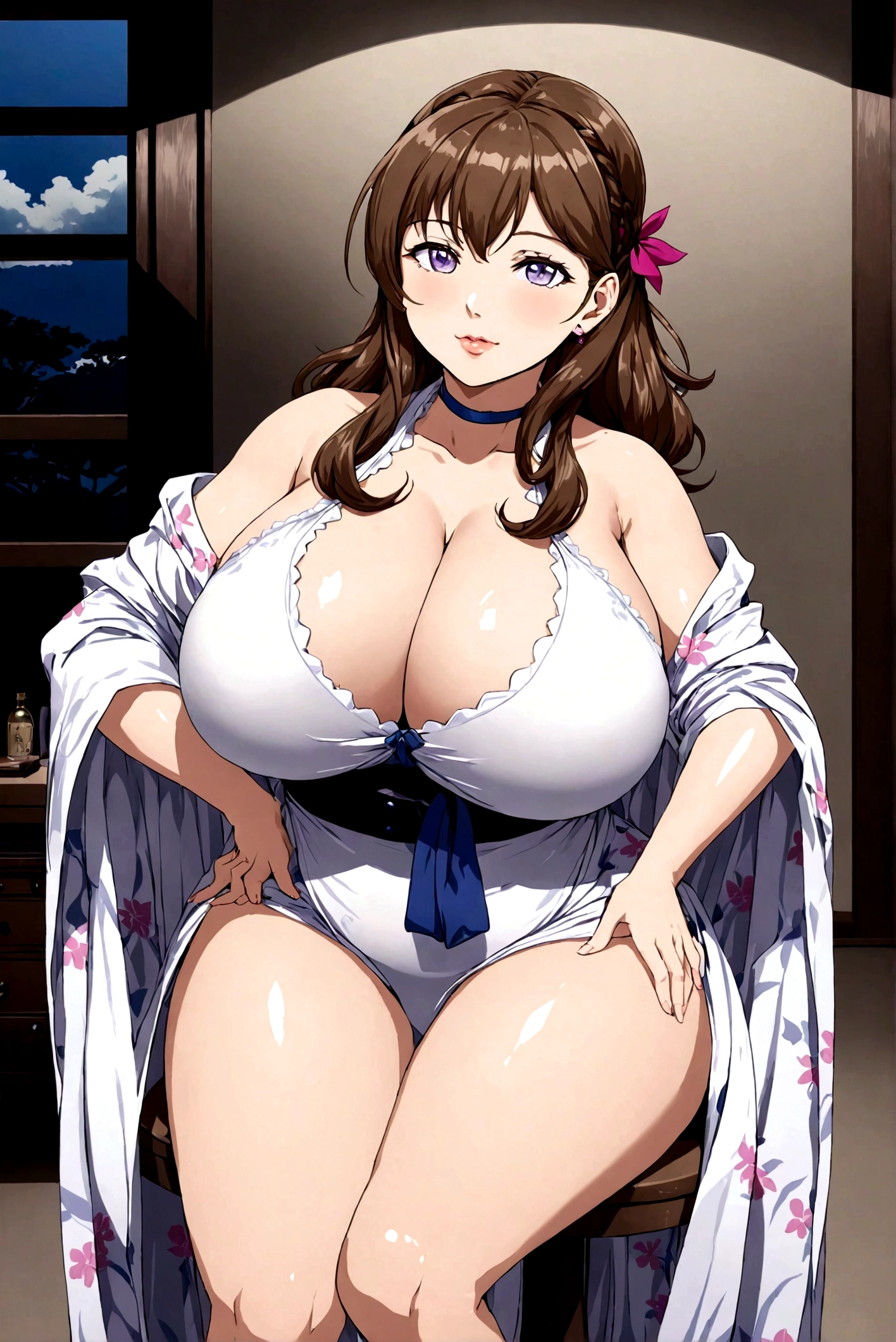 ((best quality)), ((masterpiece)), (detailed), (Realistic), (Vibrant), Mamako Oosuki, brown hair, expressive eyes, happy eyes, purple eyes, looking at pov, eyes looking at pov, perfect face, flawless face, , mature, smiling, happy expression, plump lips, rosey lips, lounge room, sitting, sitting cross_legged, hands on hips, white dress, short dress, curvy body, perfect body, big breasts,t, large thighs, cleavage, oppai, seducte girl, beautiful alluring anime woman, inspired by Nishikawa Sukenobu, with large breasts, marin kitagawa fanart,easts!, oppai proportions, big bfw huge breasts, makoto, makoto s
